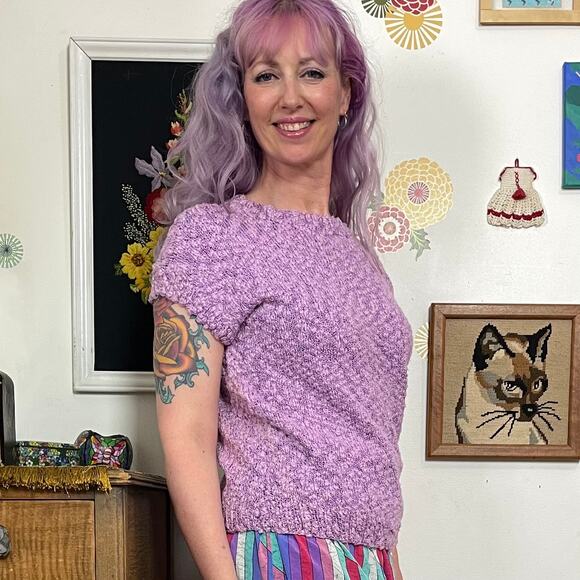 Vintage Lavender Chenille Sweater, 1980s Short Sleeve Pastel Knit Top Sz M-L - Picture 2 of 10